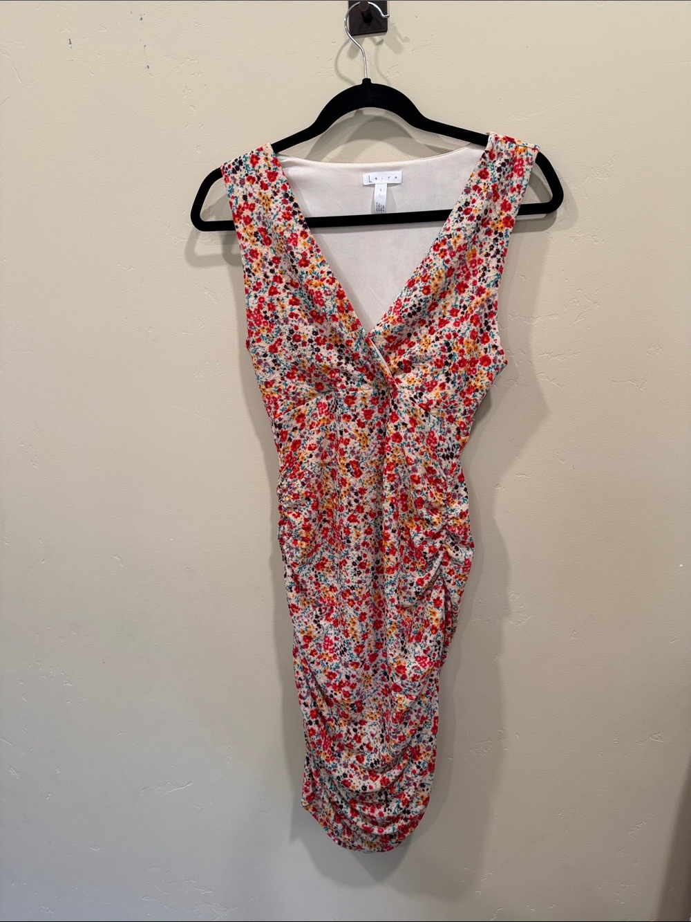 Ruched Midi Dress - Cream with multi colored flowers